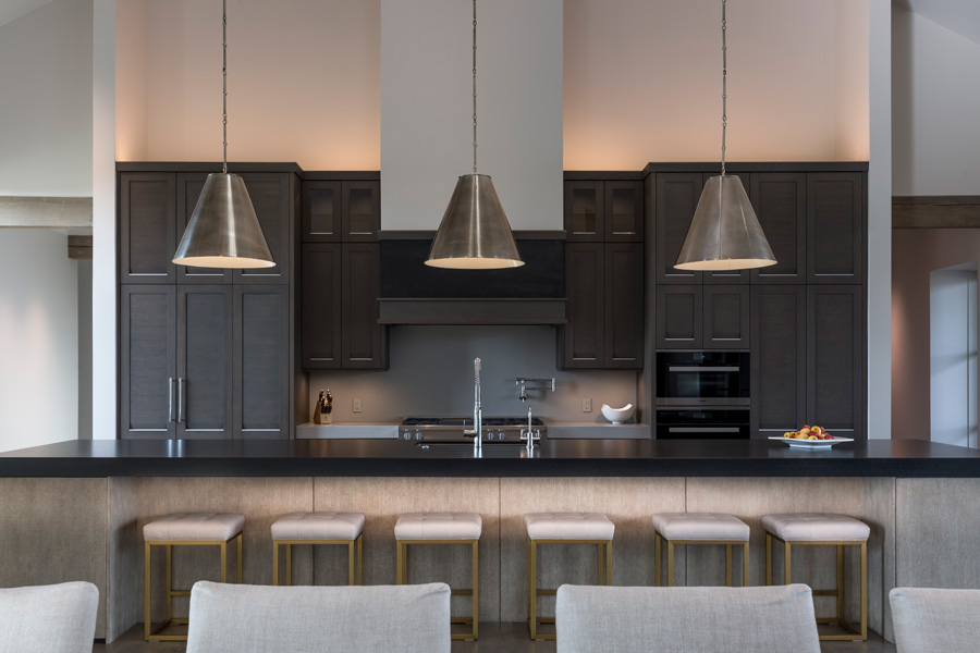Kitchen island counter and hanging pendant lights