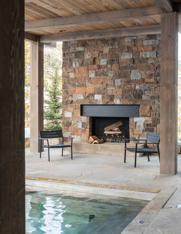 Outdoor patio pool and fireplace