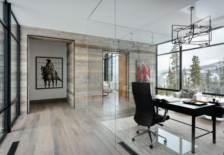 Interior hallway with glass enclosed office space